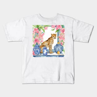 Preppy cheetah and chinoiserie jars watercolor Kids T-Shirt
